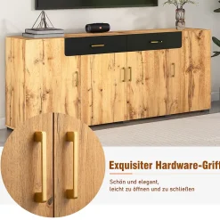 Buffet Moderne avec 4 Portes et 2 Tiroirs, Meuble de Rangement en Panneaux de Particules Effet Marbre, Marron, 208x39,5x80 cm