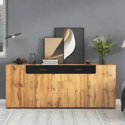 Buffet Moderne avec 4 Portes et 2 Tiroirs, Meuble de Rangement en Panneaux de Particules Effet Marbre, Marron, 208x39,5x80 cm