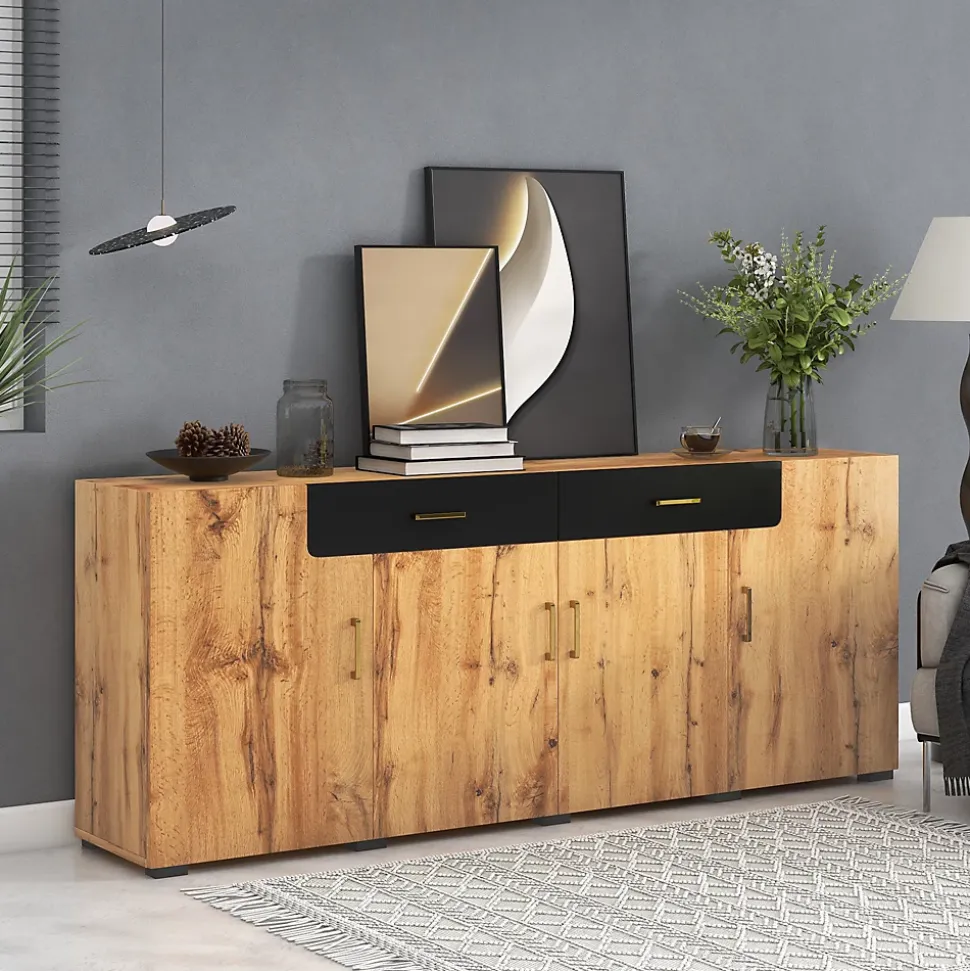 Buffet Moderne avec 4 Portes et 2 Tiroirs, Meuble de Rangement en Panneaux de Particules Effet Marbre, Marron, 208x39,5x80 cm