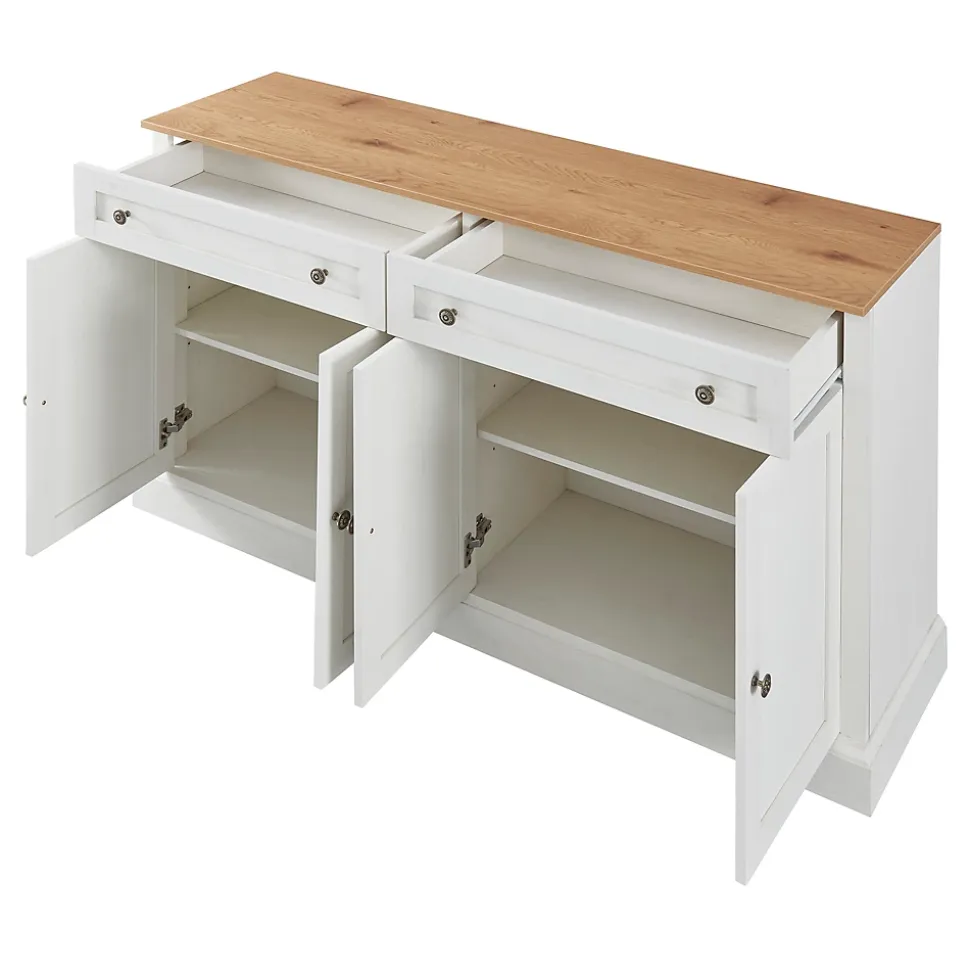 Buffet Moderne avec 4 Portes et 2 Tiroirs - Rangement Spacieux pour Salon ou Salle à Manger - MDF - Blanc+Naturel - 150x40x86 cm