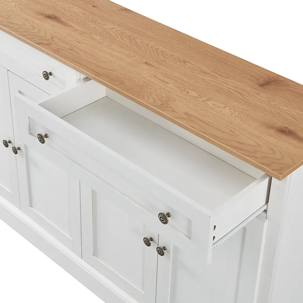 Buffet Moderne avec 4 Portes et 2 Tiroirs - Rangement Spacieux pour Salon ou Salle à Manger - MDF - Blanc+Naturel - 150x40x86 cm