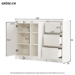 Buffet Moderne avec 2 Portes et 3 Tiroirs, Rangement avec Étagères Réglables pour Salon ou Cuisine - Blanc - 120x35x90 cm