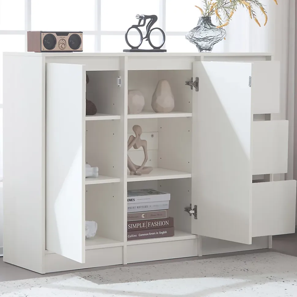 Buffet Moderne avec 2 Portes et 3 Tiroirs, Rangement avec Étagères Réglables pour Salon ou Cuisine - Blanc - 120x35x90 cm