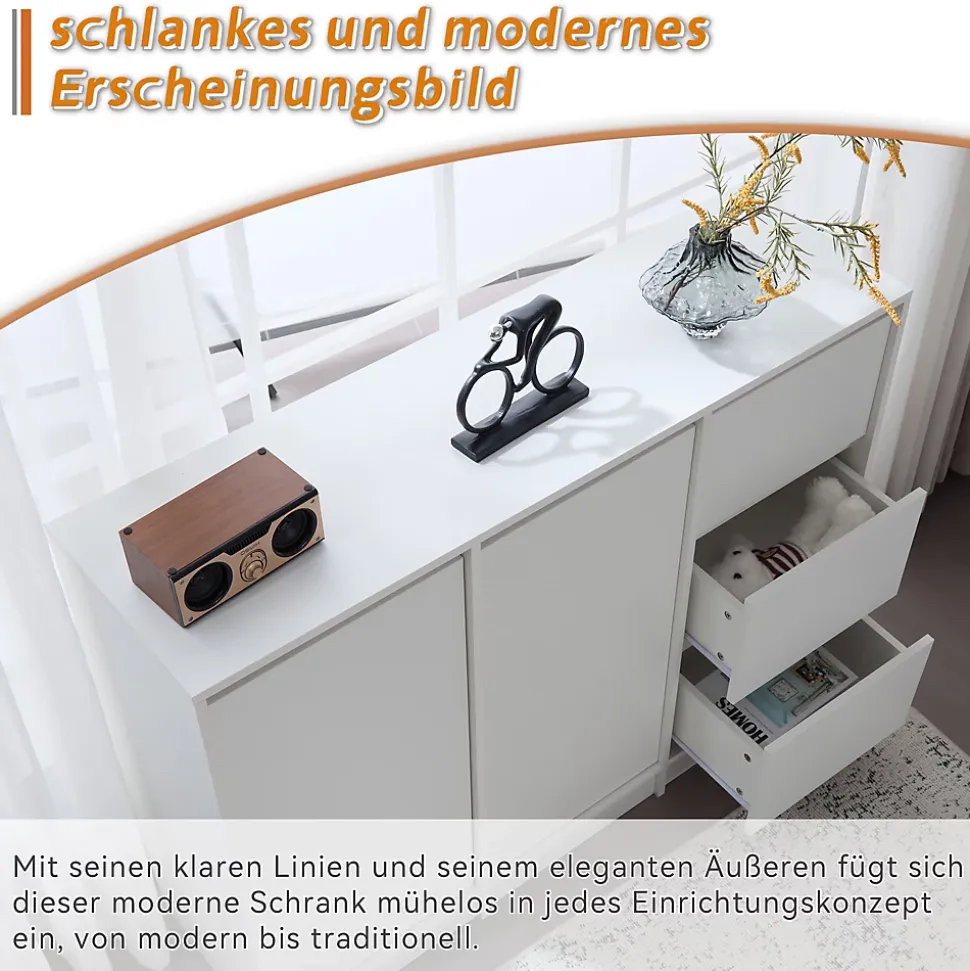 Buffet Moderne avec 2 Portes et 3 Tiroirs, Rangement avec Étagères Réglables pour Salon ou Cuisine - Blanc - 120x35x90 cm