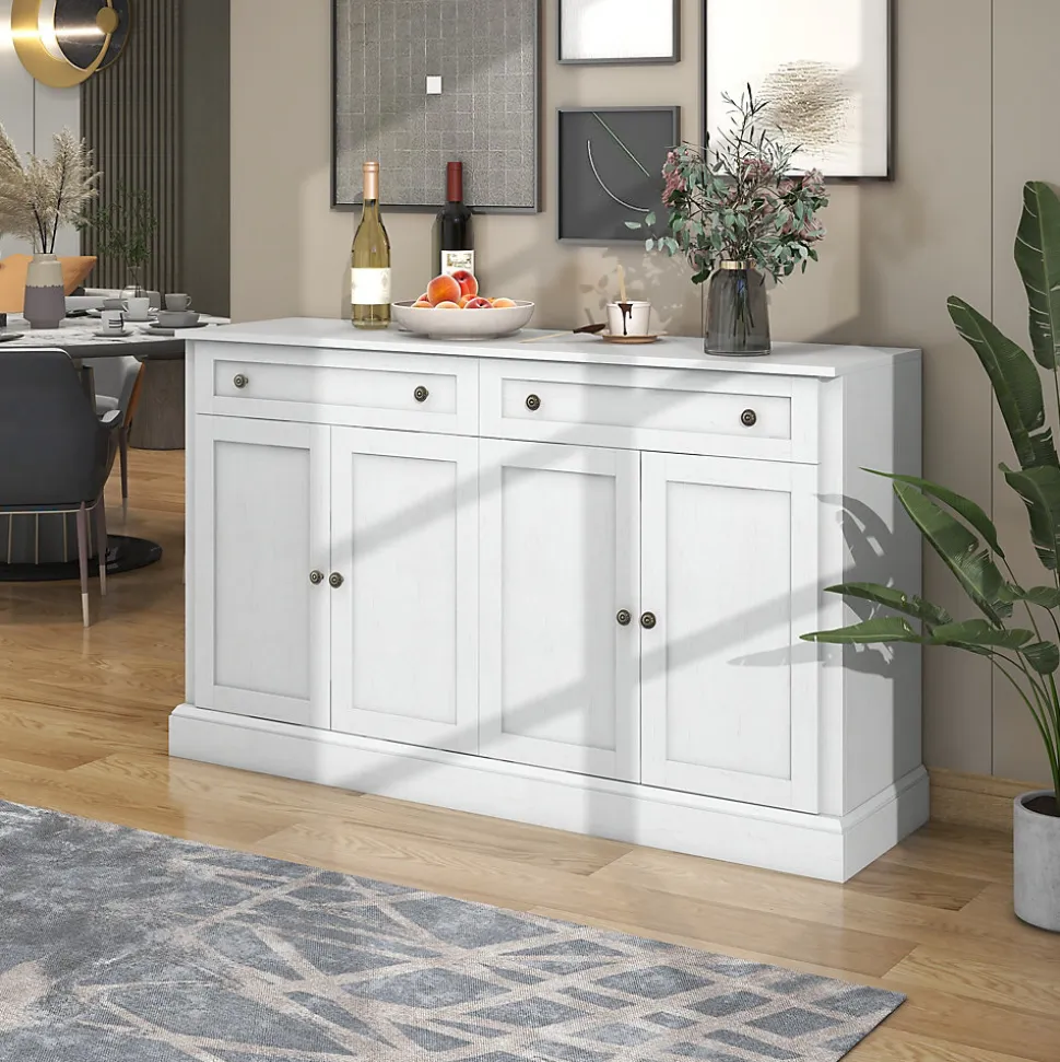 Buffet Moderne avec 4 Portes et 2 Tiroirs - Rangement pour Salon ou Salle à Manger - Panneaux de Particules - Blanc - 150x40x86 cm