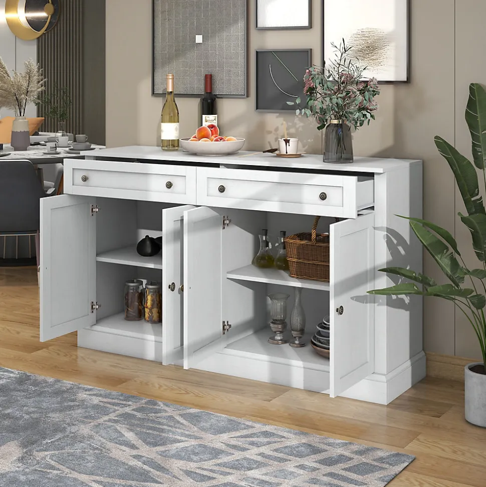 Buffet Moderne avec 4 Portes et 2 Tiroirs - Rangement pour Salon ou Salle à Manger - Panneaux de Particules - Blanc - 150x40x86 cm