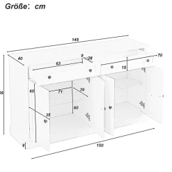 Buffet Moderne avec 4 Portes et 2 Tiroirs - Rangement pour Salon ou Salle à Manger - Panneaux de Particules - Blanc - 150x40x86 cm