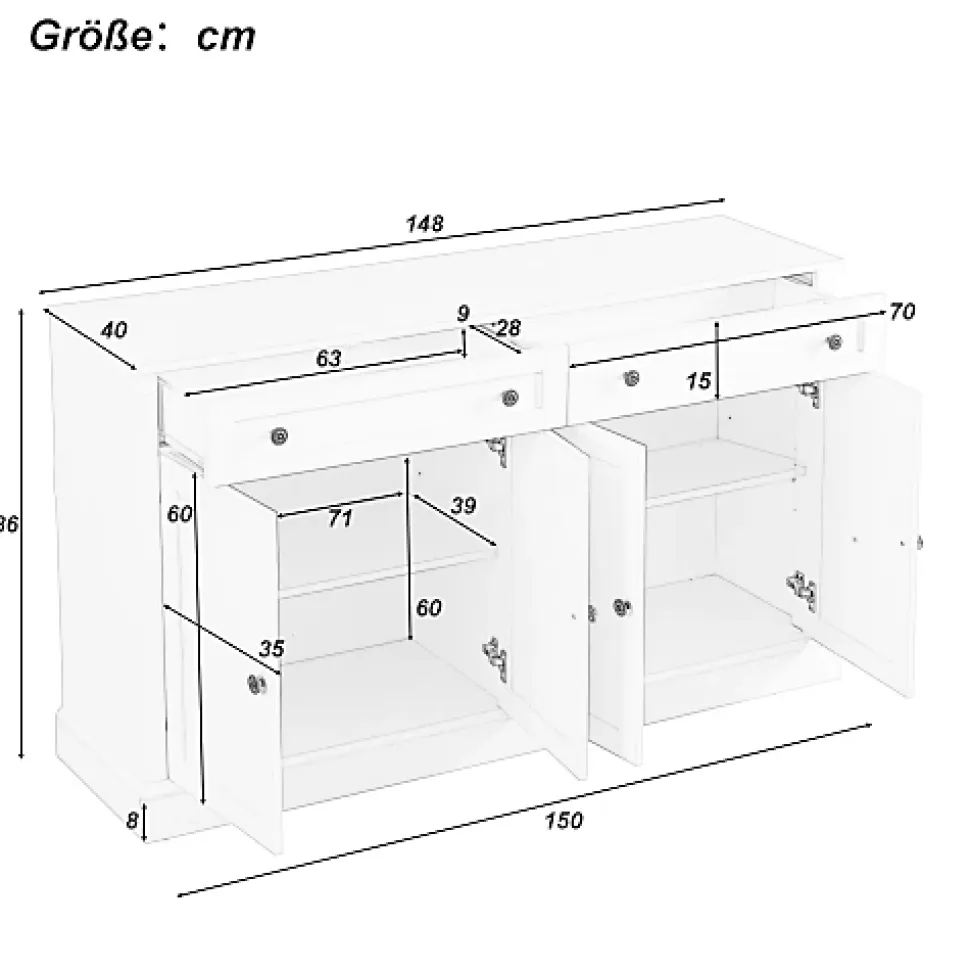 Buffet Moderne avec 4 Portes et 2 Tiroirs - Rangement pour Salon ou Salle à Manger - Panneaux de Particules - Blanc - 150x40x86 cm