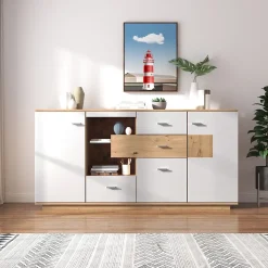 Buffet Moderne Avec Grand Espace De Rangement Et Éclairage LED,160x40x77cm,2 Portes,4 Tiroirs,blanc