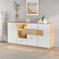 Buffet Moderne Avec Grand Espace De Rangement Et Éclairage LED,160x40x77cm,2 Portes,4 Tiroirs,blanc