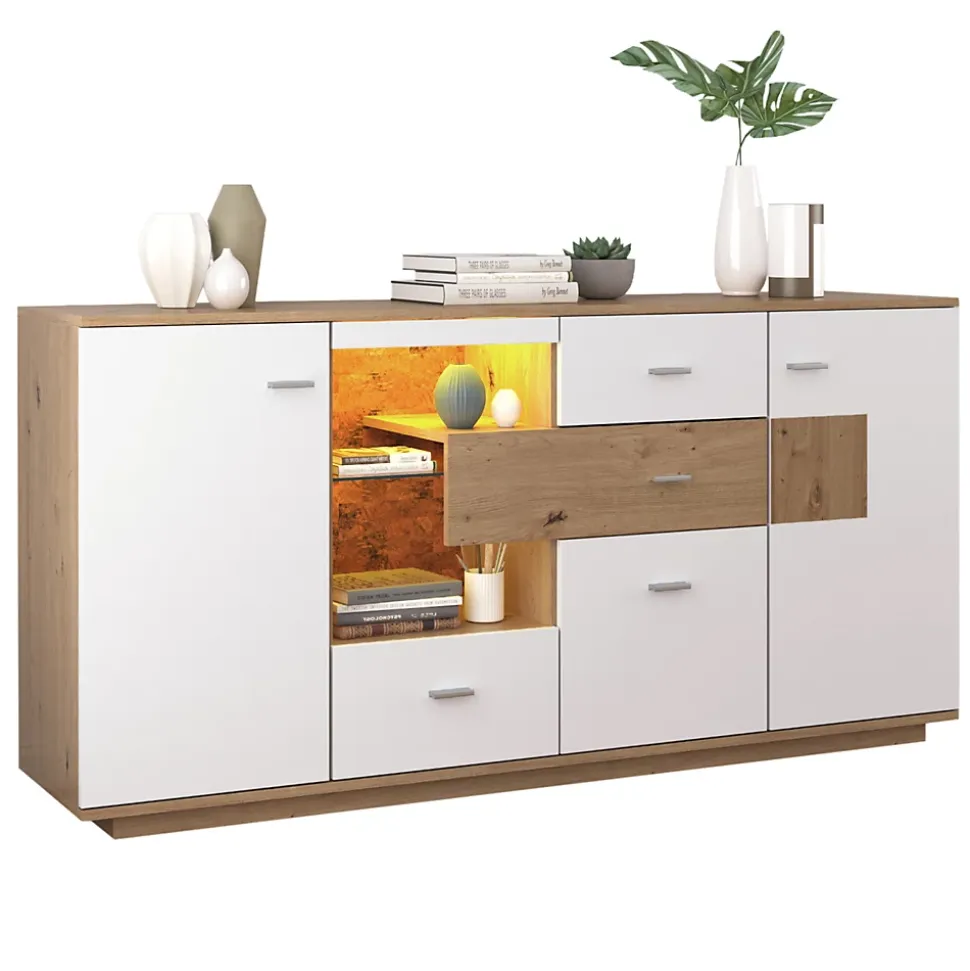 Buffet Moderne Avec Grand Espace De Rangement Et Éclairage LED,160x40x77cm,2 Portes,4 Tiroirs,blanc