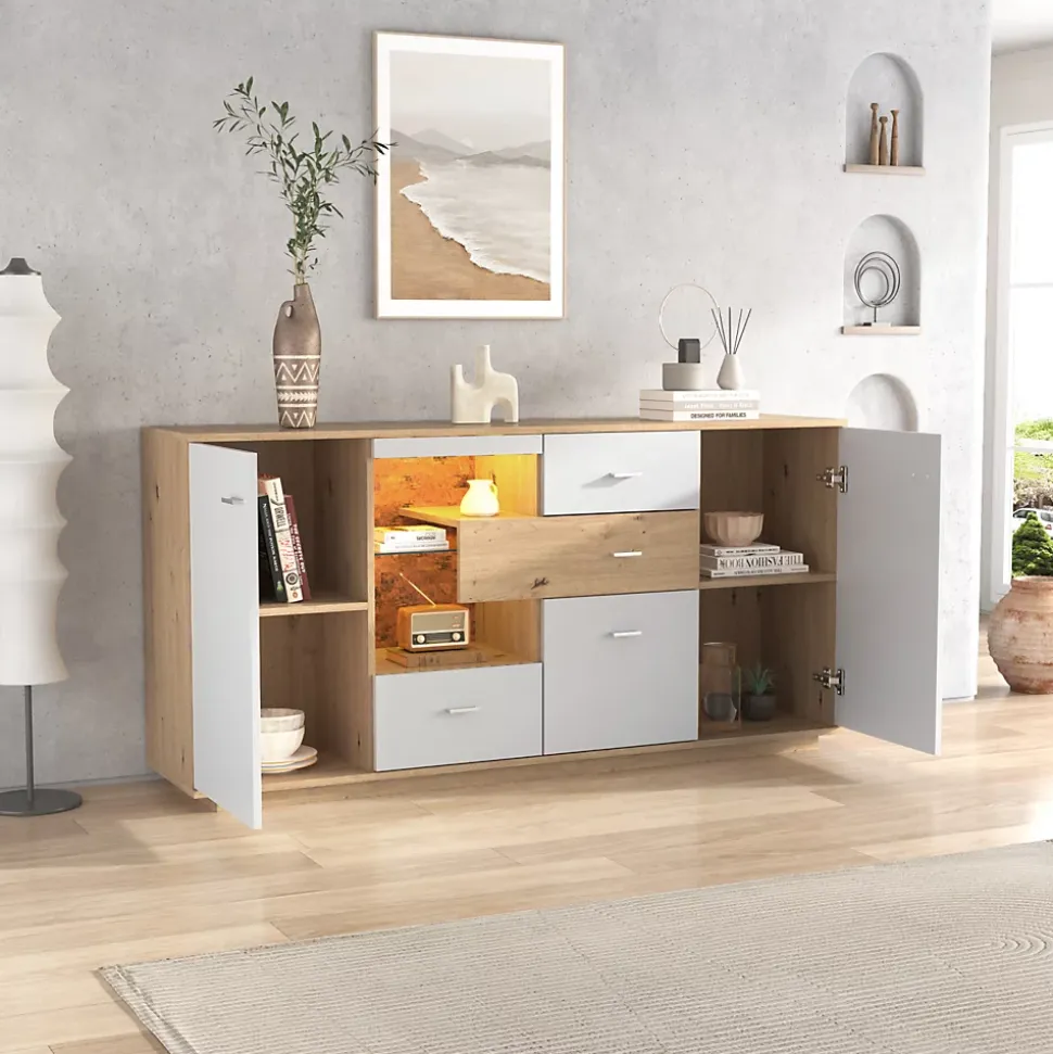 Buffet Moderne Avec Grand Espace De Rangement Et Éclairage LED,160x40x77cm,2 Portes,4 Tiroirs,blanc