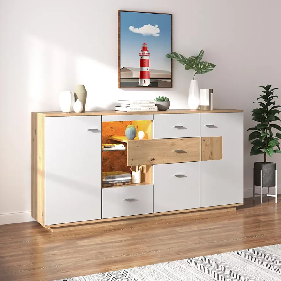 Buffet Moderne Avec Grand Espace De Rangement Et Éclairage LED,160x40x77cm,2 Portes,4 Tiroirs,blanc