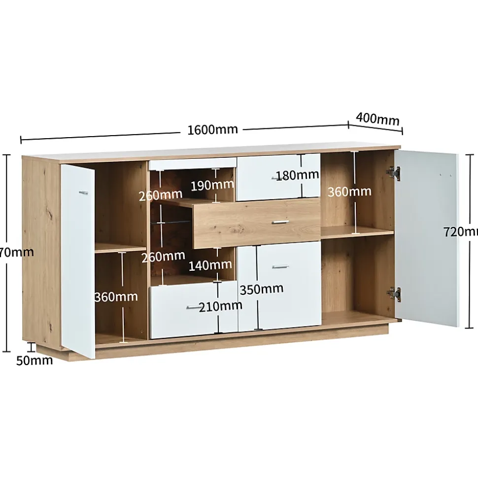 Buffet Moderne Avec Grand Espace De Rangement Et Éclairage LED,160x40x77cm,2 Portes,4 Tiroirs,blanc