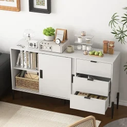 Buffet Moderne en Bois - Bahut avec 3 Tiroirs et 2 Portes Vitrées, Rangement Cuisine Salon, Spanplatte, 155x40x91,5 cm, Blanc