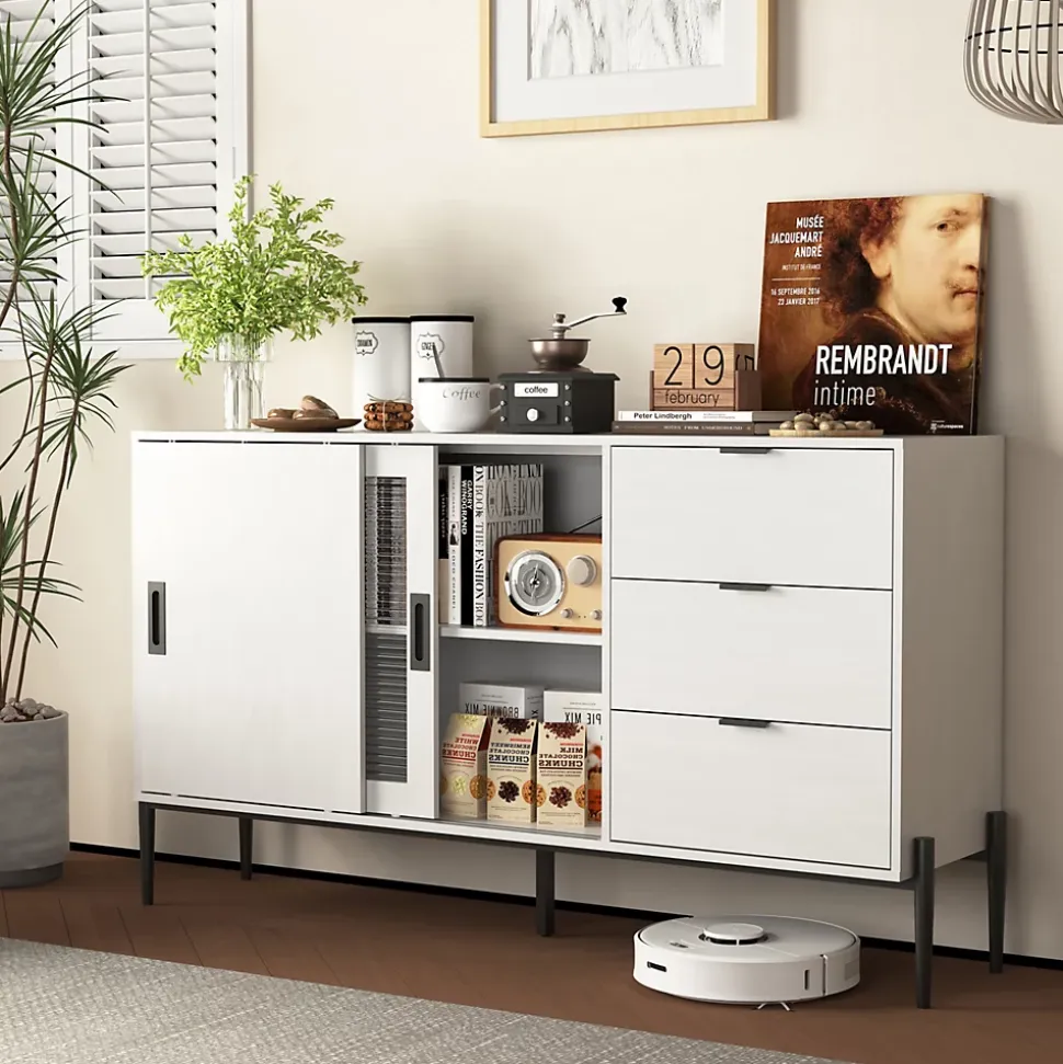 Buffet Moderne en Bois - Bahut avec 3 Tiroirs et 2 Portes Vitrées, Rangement Cuisine Salon, Spanplatte, 155x40x91,5 cm, Blanc