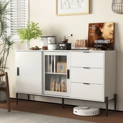 Buffet Moderne en Bois - Bahut avec 3 Tiroirs et 2 Portes Vitrées, Rangement Cuisine Salon, Spanplatte, 155x40x91,5 cm, Blanc