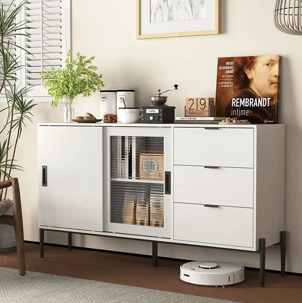 Buffet Moderne en Bois - Bahut avec 3 Tiroirs et 2 Portes Vitrées, Rangement Cuisine Salon, Spanplatte, 155x40x91,5 cm, Blanc