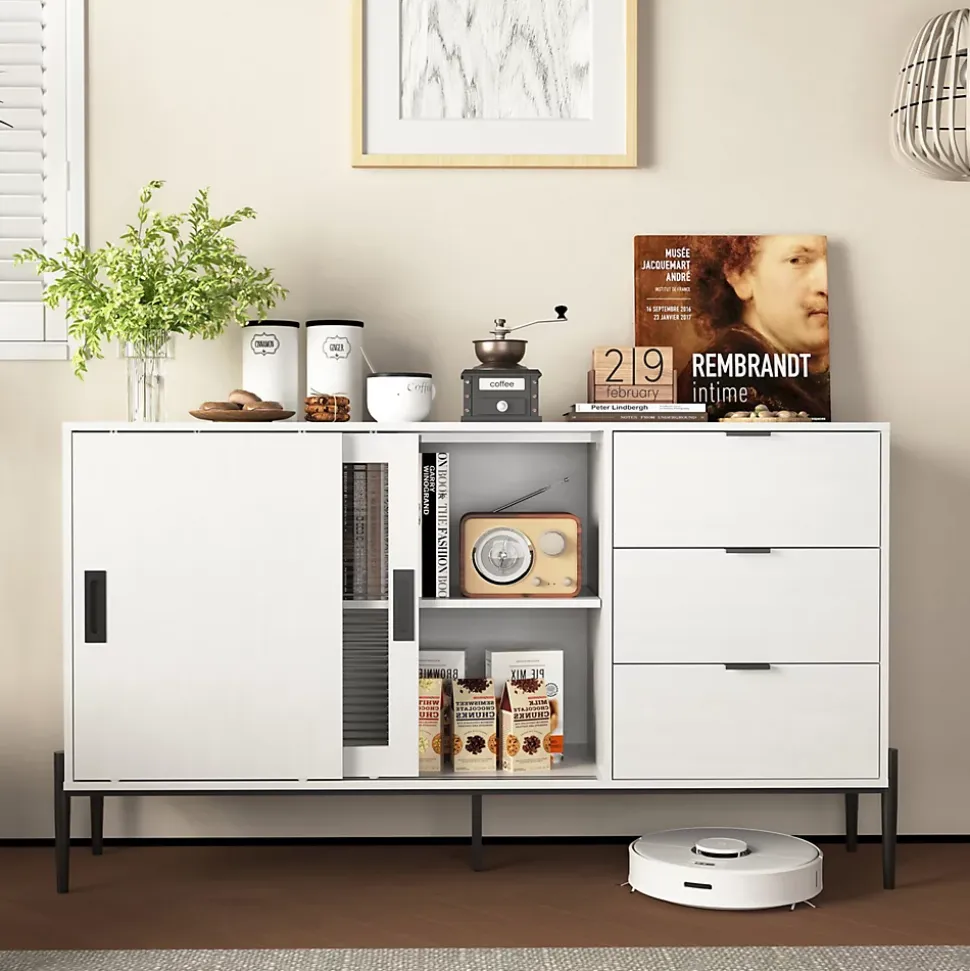 Buffet Moderne en Bois - Bahut avec 3 Tiroirs et 2 Portes Vitrées, Rangement Cuisine Salon, Spanplatte, 155x40x91,5 cm, Blanc