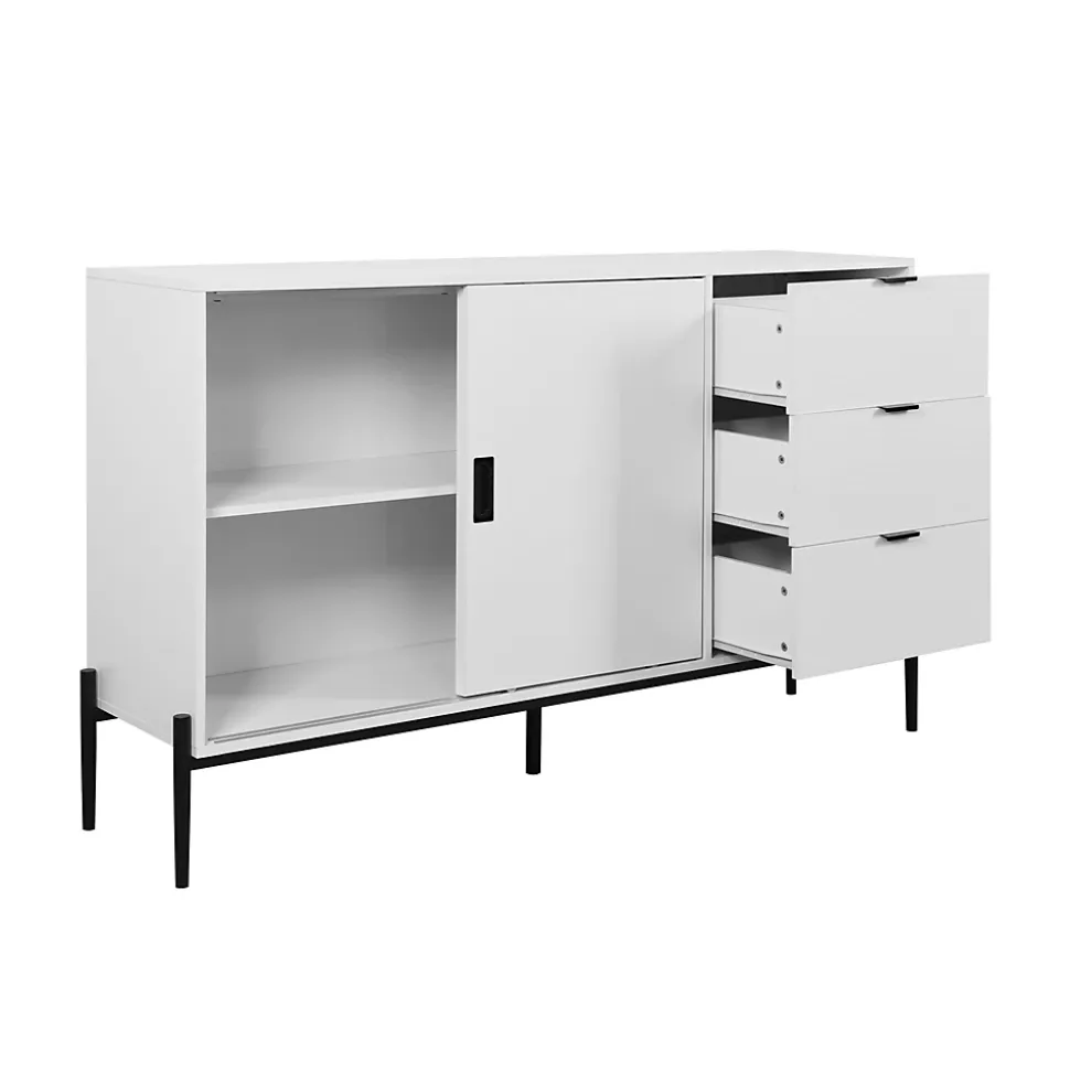 Buffet Moderne en Bois - Bahut avec 3 Tiroirs et 2 Portes Vitrées, Rangement Cuisine Salon, Spanplatte, 155x40x91,5 cm, Blanc