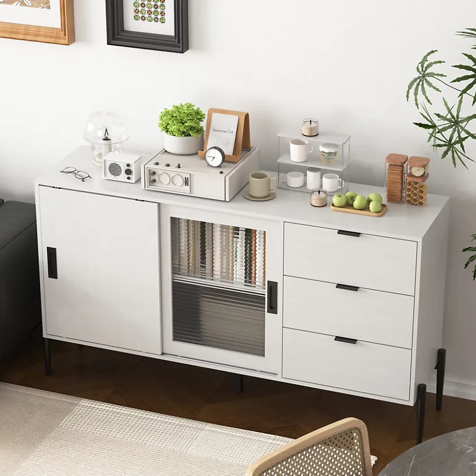 Buffet Moderne en Bois - Bahut avec 3 Tiroirs et 2 Portes Vitrées, Rangement Cuisine Salon, Spanplatte, 155x40x91,5 cm, Blanc