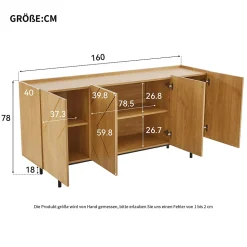 Buffet Moderne en Bois Naturel avec 4 Portes, Incrustations Métalliques - 160x40x78 cm, Naturel