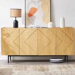 Buffet Moderne en Bois Naturel avec 4 Portes, Incrustations Métalliques - 160x40x78 cm, Naturel