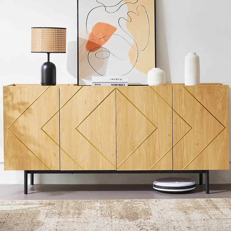 Buffet Moderne en Bois Naturel avec 4 Portes, Incrustations Métalliques - 160x40x78 cm, Naturel