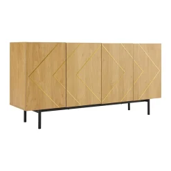 Buffet Moderne en Bois Naturel avec 4 Portes, Incrustations Métalliques - 160x40x78 cm, Naturel