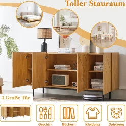 Buffet Moderne en Bois Naturel avec 4 Portes, Incrustations Métalliques - 160x40x78 cm, Naturel