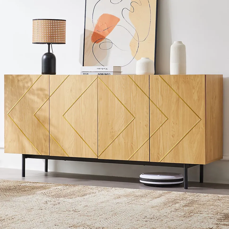 Buffet Moderne en Bois Naturel avec 4 Portes, Incrustations Métalliques - 160x40x78 cm, Naturel