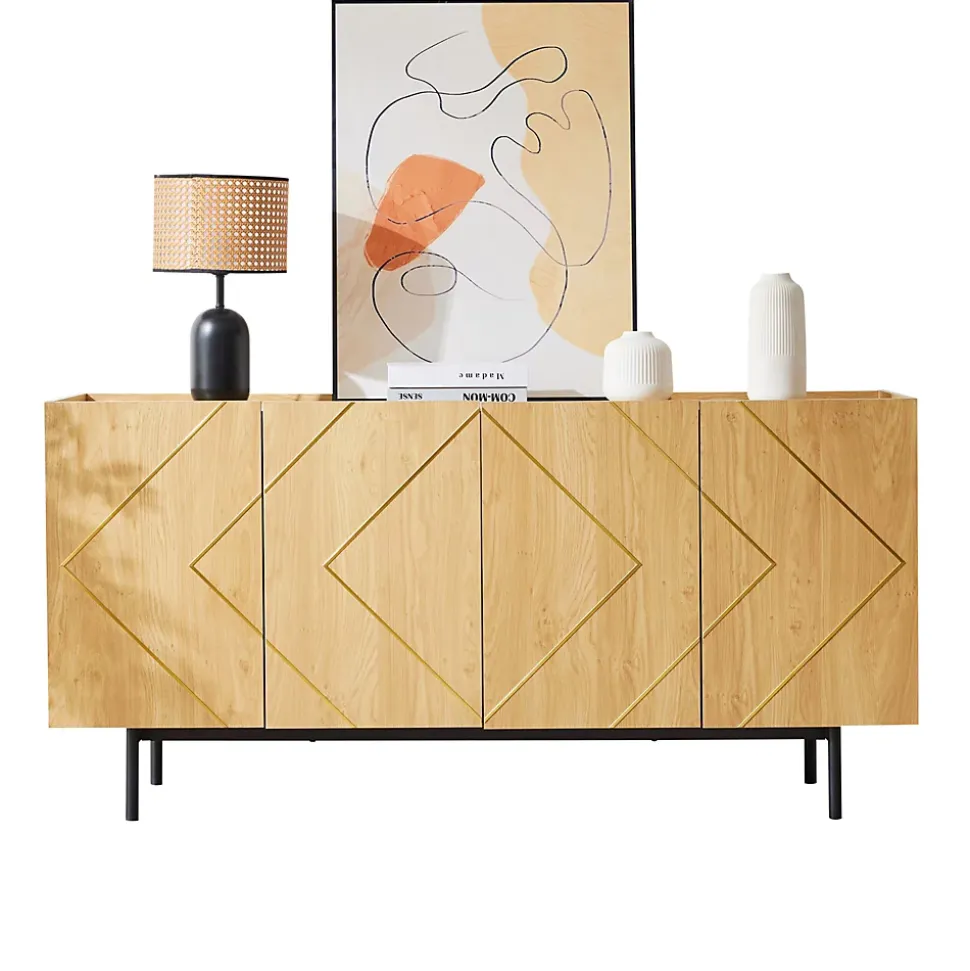 Buffet Moderne en Bois Naturel avec 4 Portes, Incrustations Métalliques - 160x40x78 cm, Naturel