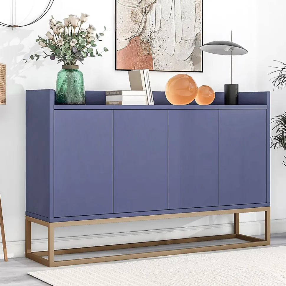 Buffet moderne minimaliste 4 portes sans poignées, Meuble élégant pour salle à manger, salon et cuisine, Bleu marine