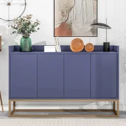 Buffet moderne minimaliste 4 portes sans poignées, Meuble élégant pour salle à manger, salon et cuisine, Bleu marine
