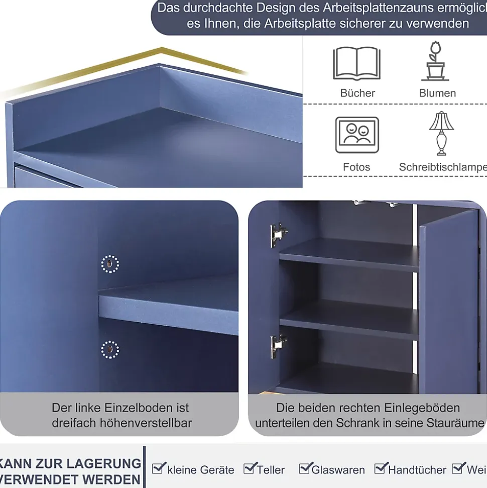 Buffet moderne minimaliste 4 portes sans poignées, Meuble élégant pour salle à manger, salon et cuisine, Bleu marine