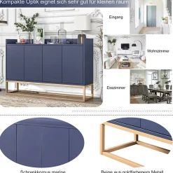 Buffet moderne minimaliste 4 portes sans poignées, Meuble élégant pour salle à manger, salon et cuisine, Bleu marine