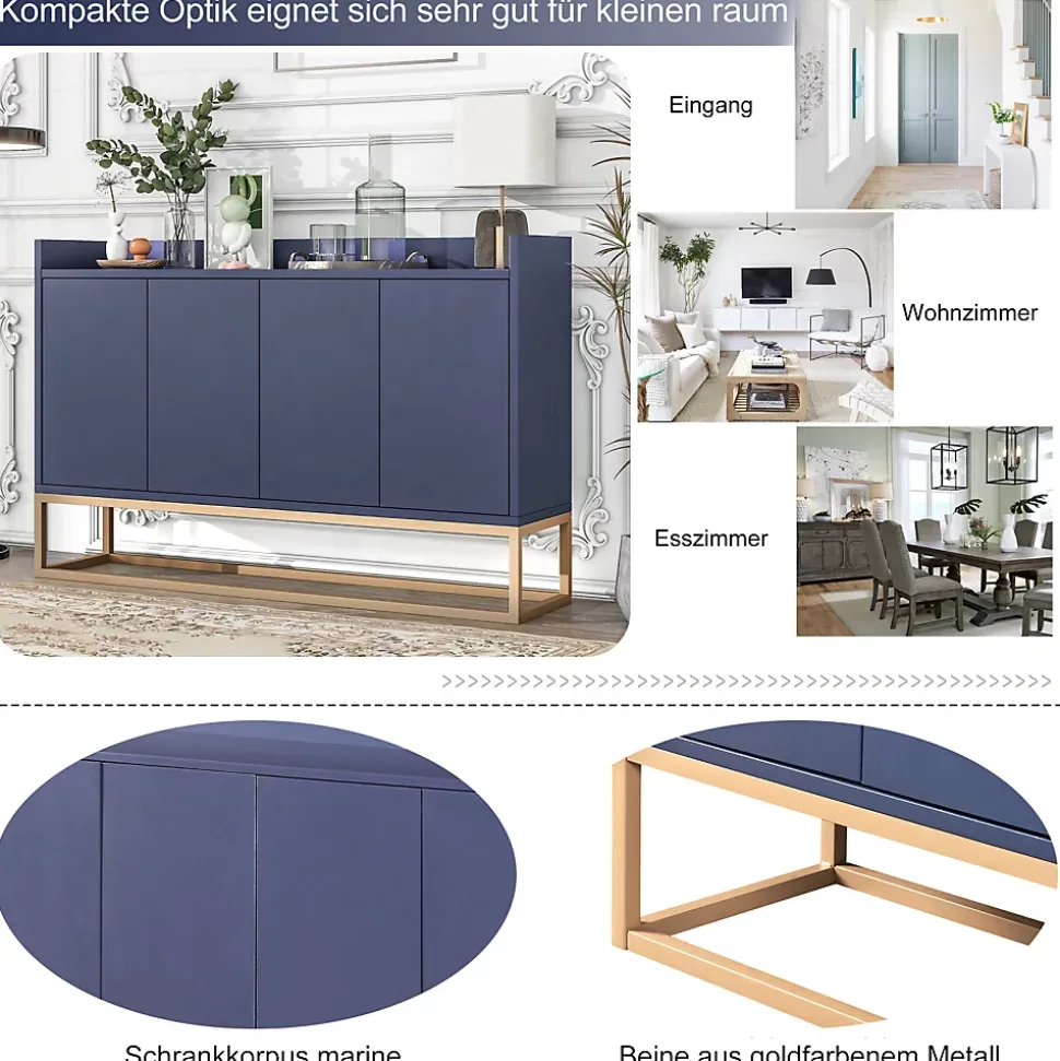 Buffet moderne minimaliste 4 portes sans poignées, Meuble élégant pour salle à manger, salon et cuisine, Bleu marine