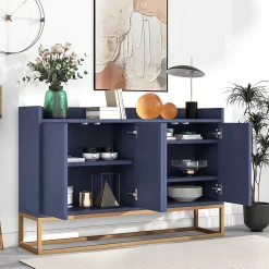 Buffet moderne minimaliste 4 portes sans poignées, Meuble élégant pour salle à manger, salon et cuisine, Bleu marine