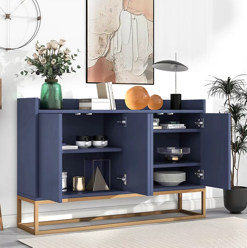 Buffet moderne minimaliste 4 portes sans poignées, Meuble élégant pour salle à manger, salon et cuisine, Bleu marine