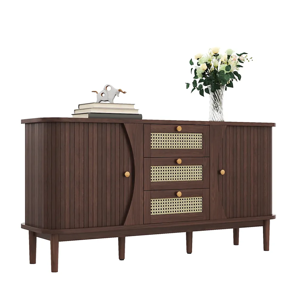 Buffet Naturel - Buffet avec Tiroirs et Portes Coulissantes en Rotin pour Salon et Salle à Manger - 140,5 x 40 x 76 cm