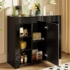 Buffet Noir Laqué avec Portes et Étagères en Verre, Bahut Compact Design pour Salon, Meuble de Rangement Moderne, 95x35x83 cm
