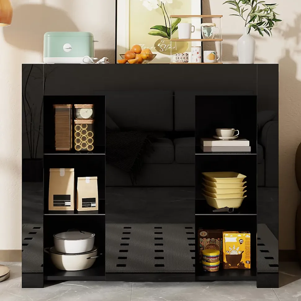 Buffet Noir Laqué avec Portes et Étagères en Verre, Bahut Compact Design pour Salon, Meuble de Rangement Moderne, 95x35x83 cm