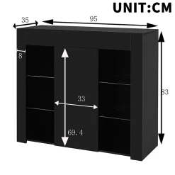 Buffet Noir Laqué avec Portes et Étagères en Verre, Bahut Compact Design pour Salon, Meuble de Rangement Moderne, 95x35x83 cm