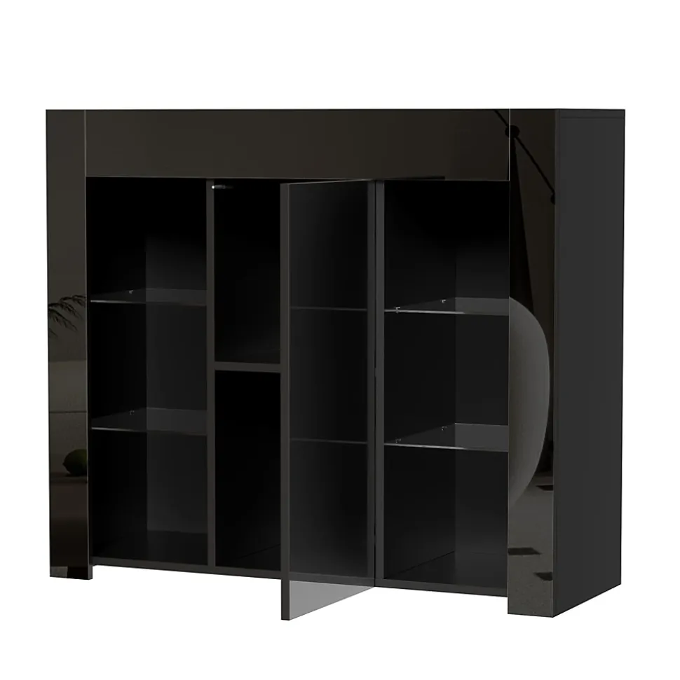 Buffet Noir Laqué avec Portes et Étagères en Verre, Bahut Compact Design pour Salon, Meuble de Rangement Moderne, 95x35x83 cm