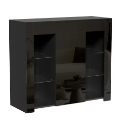 Buffet Noir Laqué avec Portes et Étagères en Verre, Bahut Compact Design pour Salon, Meuble de Rangement Moderne, 95x35x83 cm