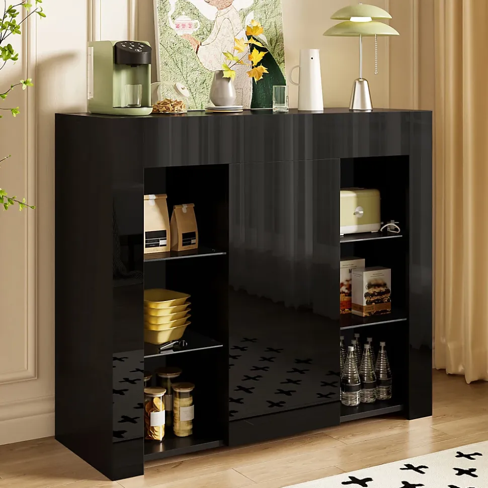 Buffet Noir Laqué avec Portes et Étagères en Verre, Bahut Compact Design pour Salon, Meuble de Rangement Moderne, 95x35x83 cm