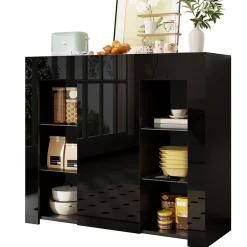 Buffet Noir Laqué avec Portes et Étagères en Verre, Bahut Compact Design pour Salon, Meuble de Rangement Moderne, 95x35x83 cm