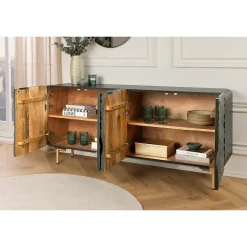 Buffet ONDARA 160 cm Bois Massif Vert Sculpté Pieds Dorés Design Contemporain