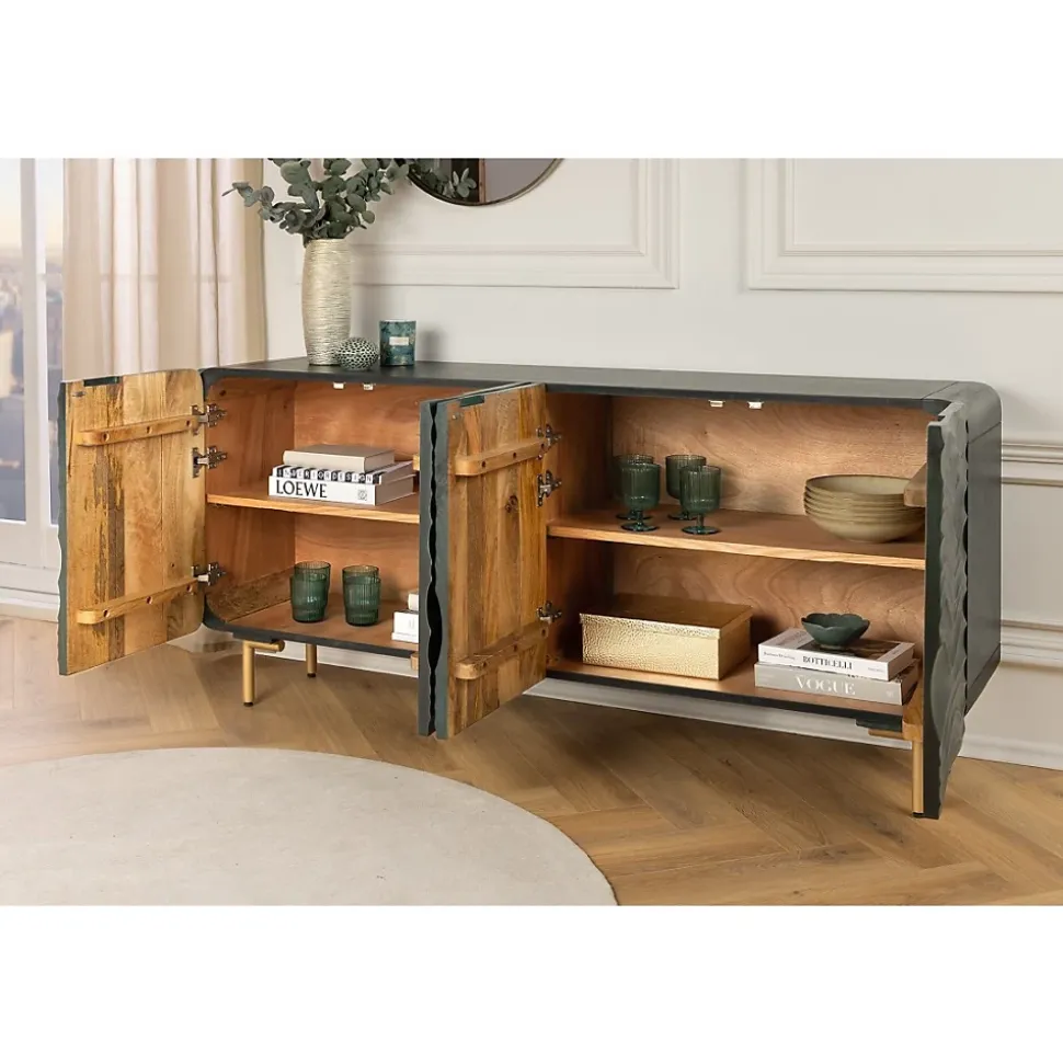 Buffet ONDARA 160 cm Bois Massif Vert Sculpté Pieds Dorés Design Contemporain