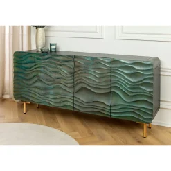 Buffet ONDARA 160 cm Bois Massif Vert Sculpté Pieds Dorés Design Contemporain